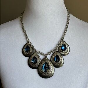 Statement Bib Necklace Blue Faceted Teardrops St Thomas Brass Tone